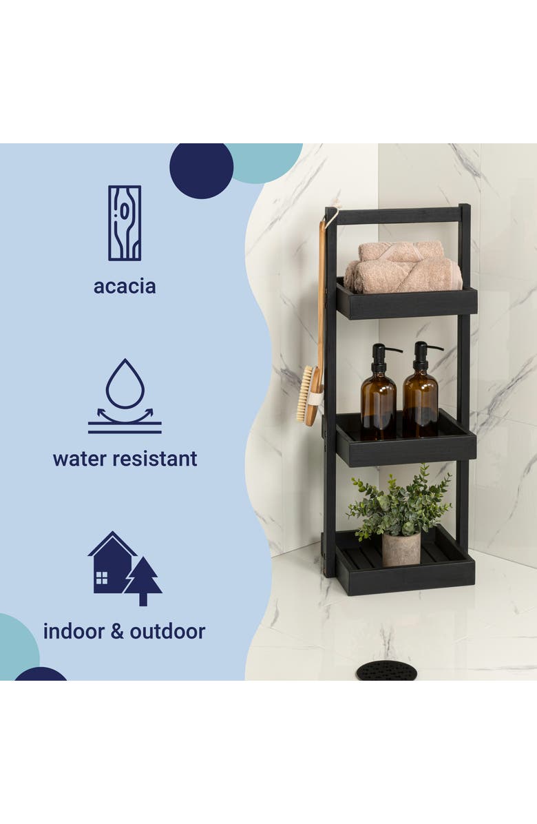 HAPPIMESS Tilly 30" Classic Rustic 3-Tier Acacia Wood Freestanding Bathroom Shower Caddy, Alternate, color, Black