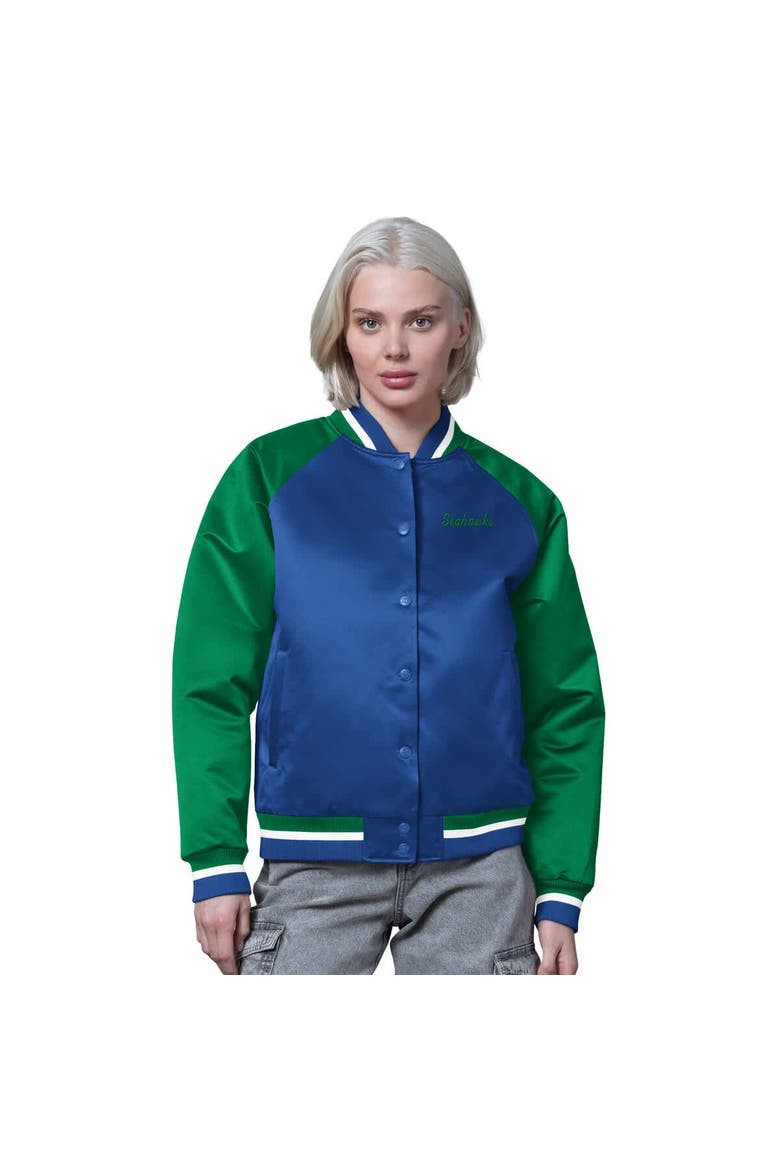 Women's Starter Royal/Green Seattle Seahawks Satin Full-Snap Vintage Varsity Jacket, Main, color, Royal