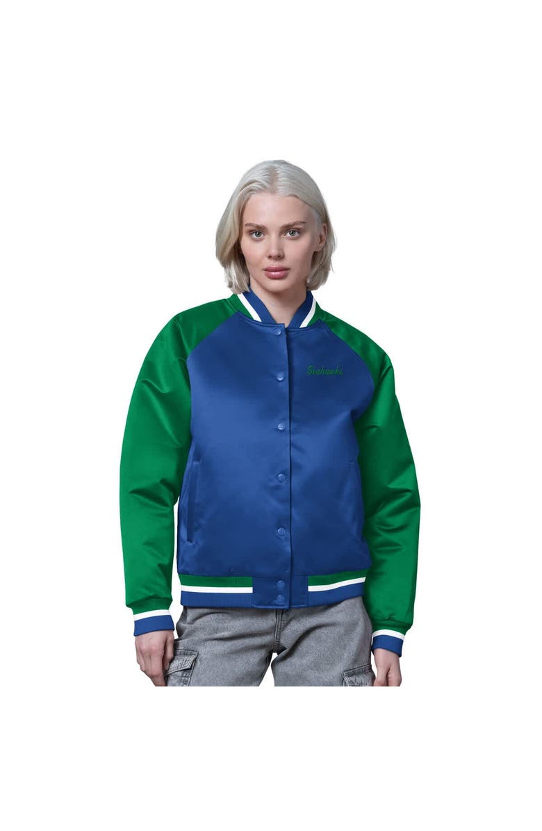 STARTER Women's Starter Royal/Green Seattle Seahawks Satin Full-Snap Vintage Varsity Jacket, Main, color, Royal