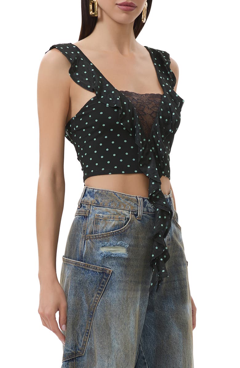 AFRM Lowell Lace Trim Ruffle Crop Top, Alternate, color, Black/ Aqua Dot