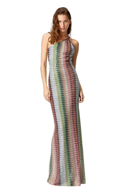 Missoni Womens Green Red And Sky Tones Striped One-shoulder-strap Knitted Maxi Dress In Multicoloured