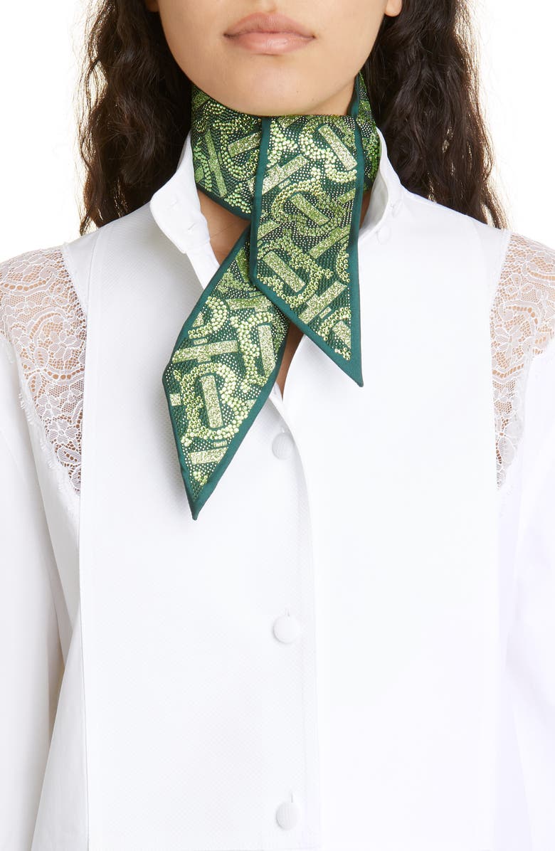 Burberry Beaded Monogram Print Skinny Silk Scarf, Alternate, color, Green