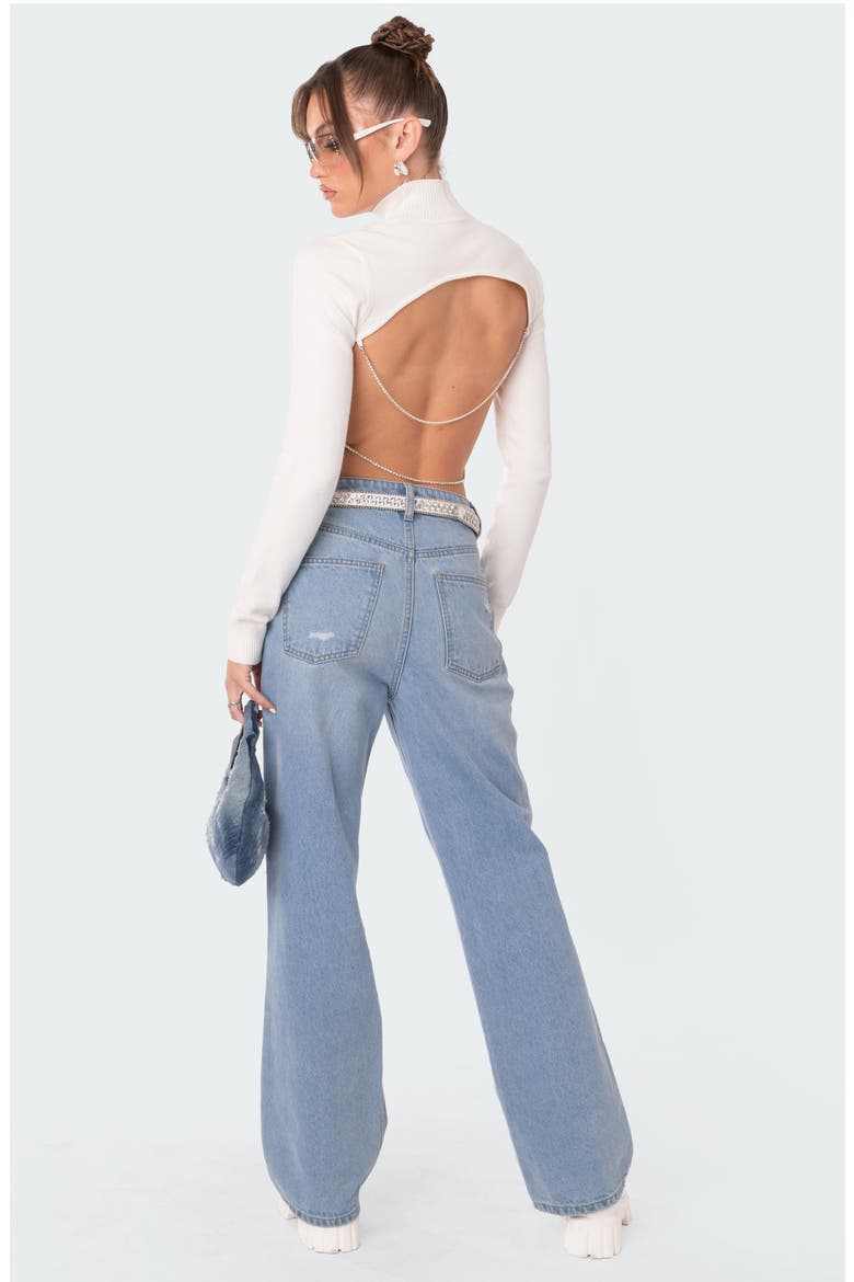 Jenna Open Back Diamante Strap Crop Sweater, Alternate, color, WHITE