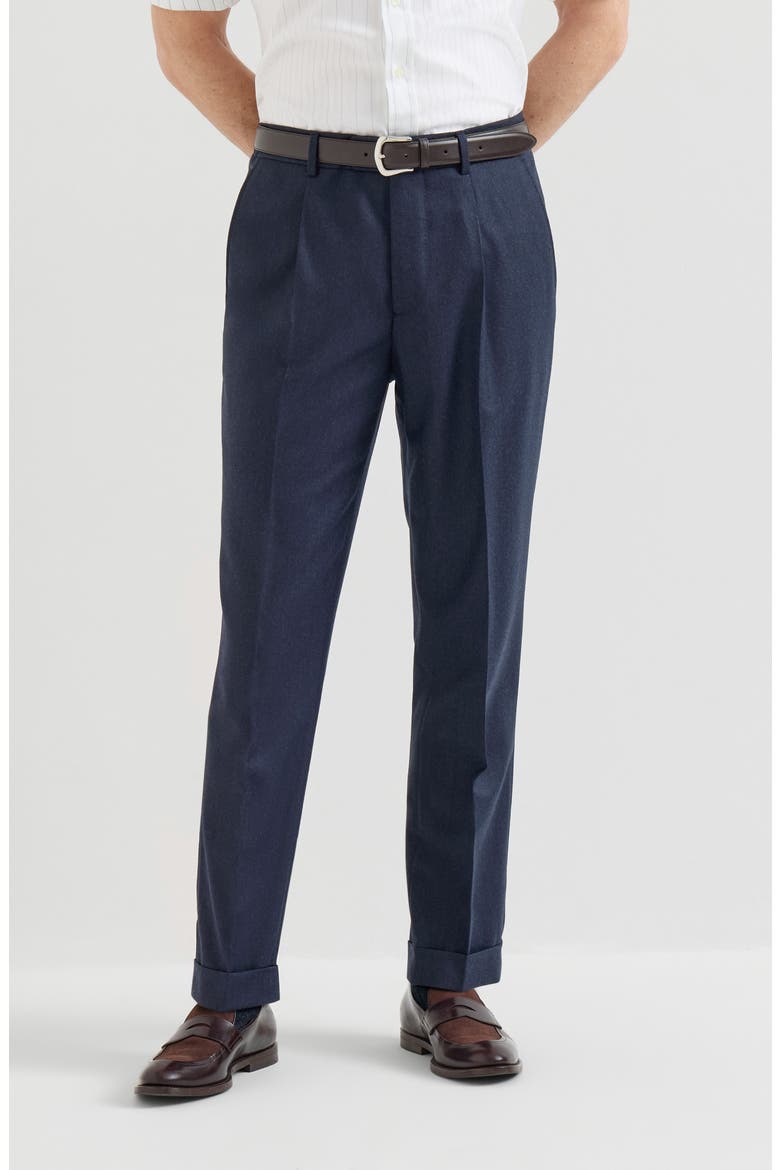 Virgin wool flannel trousers with pleat, Main, color, Blue