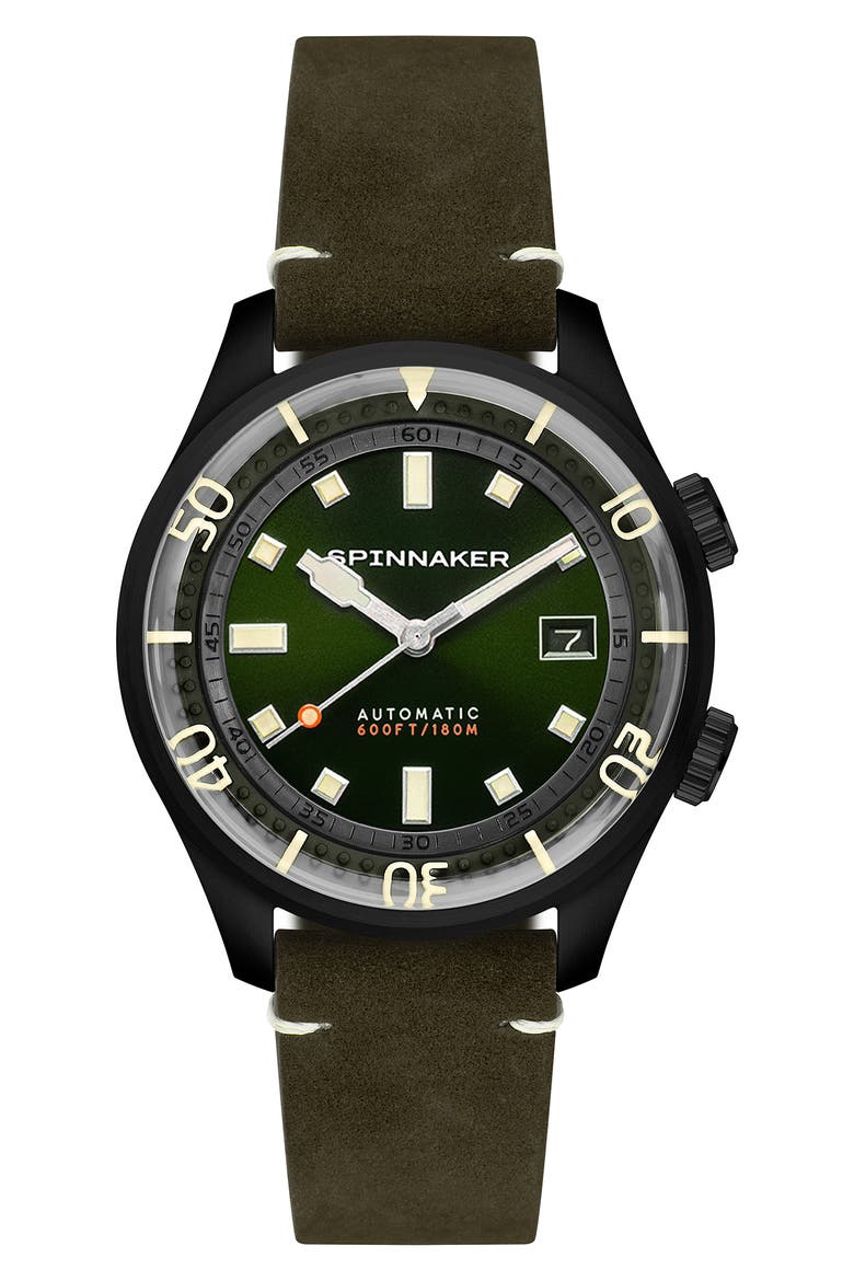 Bradner Automatic Leather Strap Watch, 42mm, Main, color, GREEN