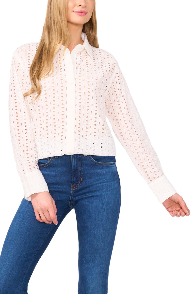 CeCe Eyelet Embroidered Cotton Button-Up Shirt, Main, color, 