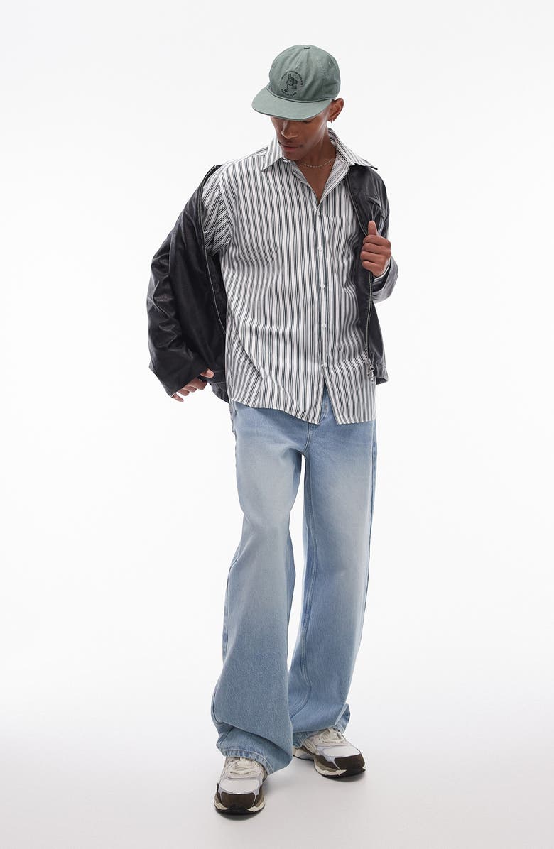Topman Oversize Stripe Cotton Herringbone Button-Up Shirt, Alternate, color, 