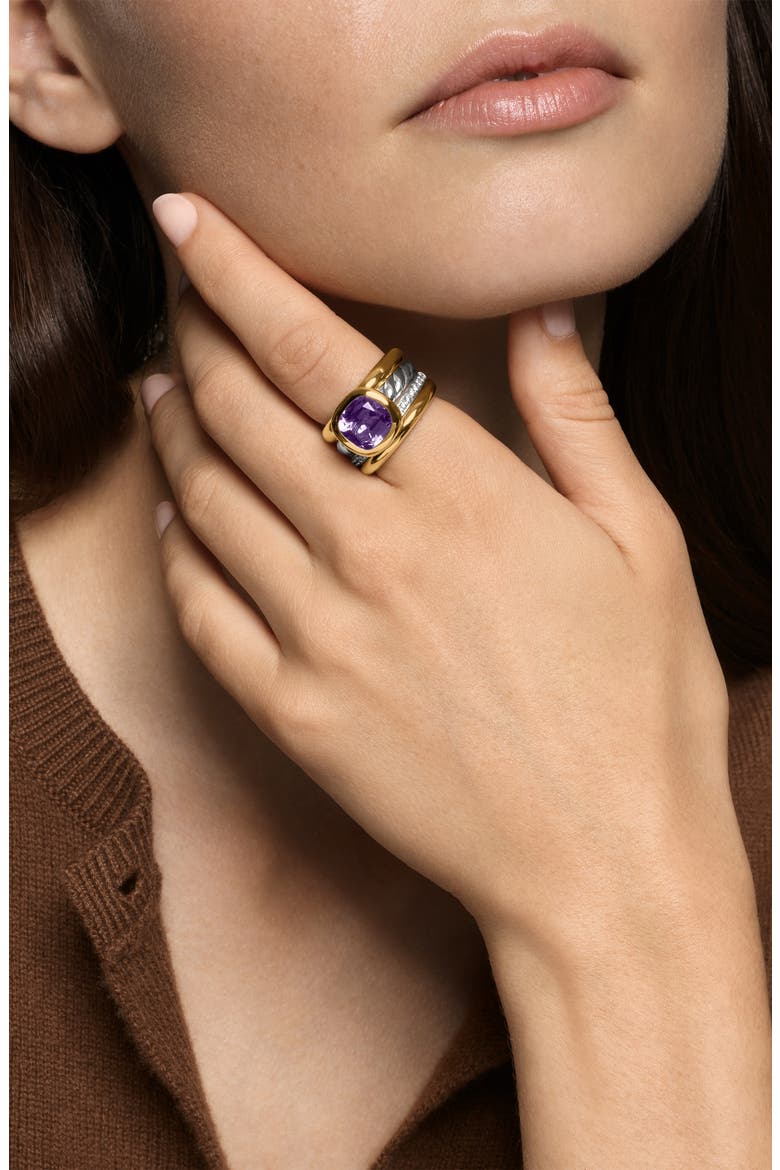 DY Mercer® Four Row Stone Ring in Sterling Silver with 18K Yellow Gold, Amethyst & Diamonds, 14mm, Alternate, color, AMETHYST