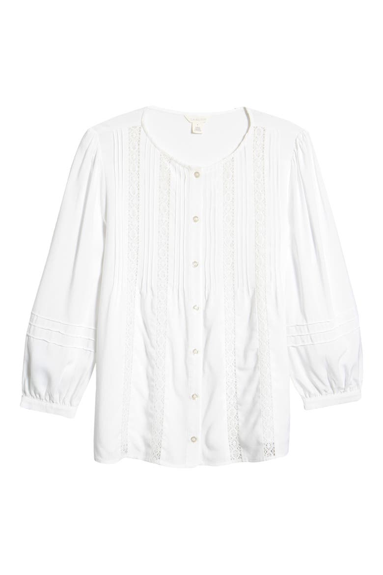 Lace Inset Pintuck Blouse, Alternate, color, WHITE