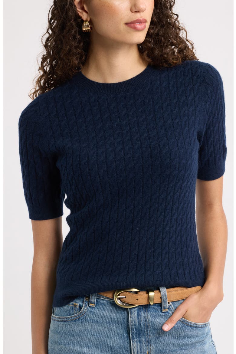 Cashmere Mini Cable Sweater Tee, Alternate, color, NAVY NIGHT