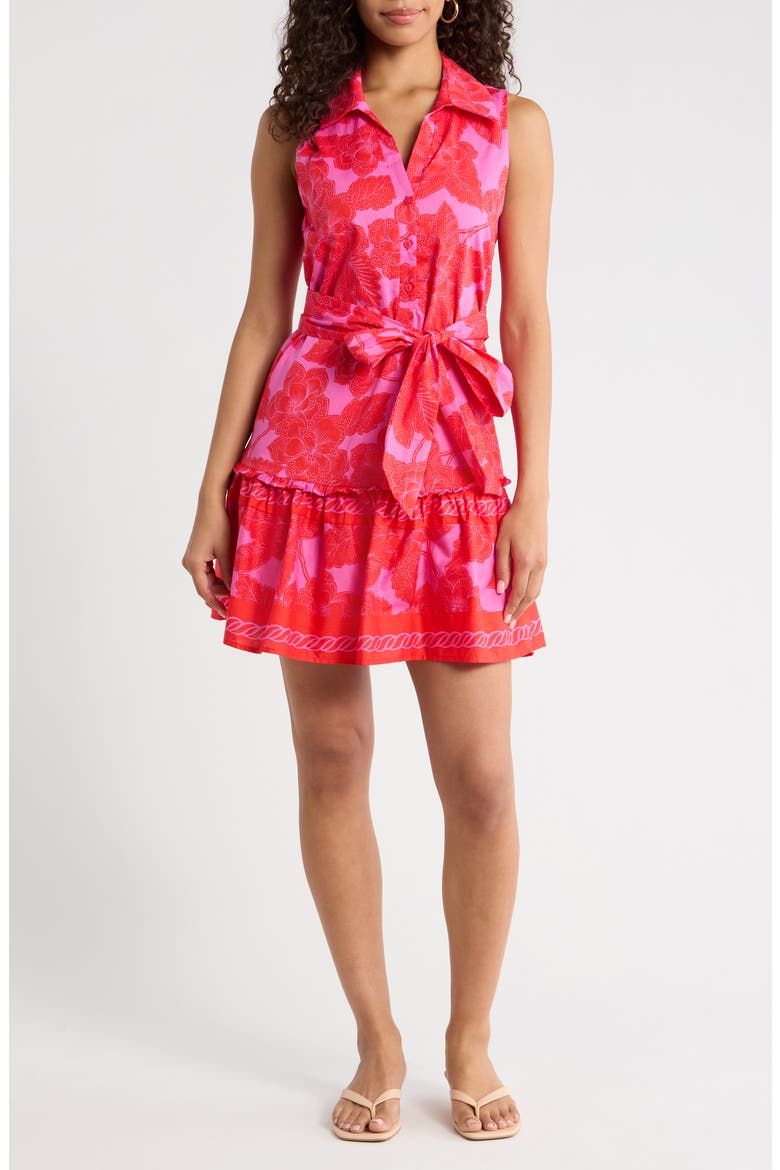 Rency Floral Zady Belted Cotton Shirtdress, Main, color, FUCHSIA-RED