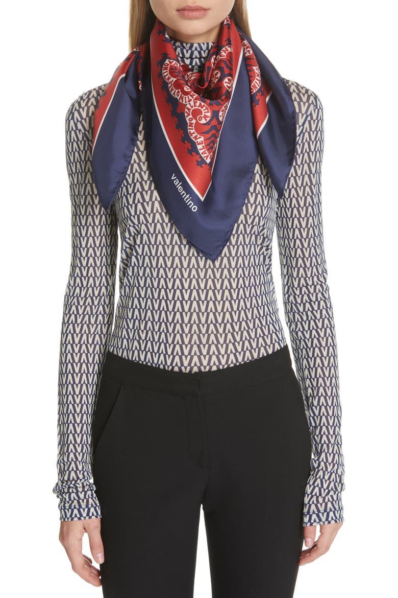 Valentino Mini Silk Bandana Scarf, Alternate, color, MATTONE/ PURE BLUE-AVORIO
