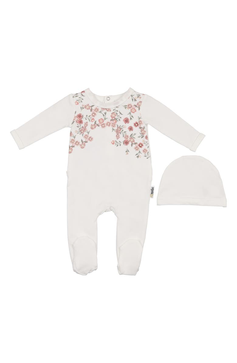 Manière Floral Print Footie & Hat Set, Main, color, Floral