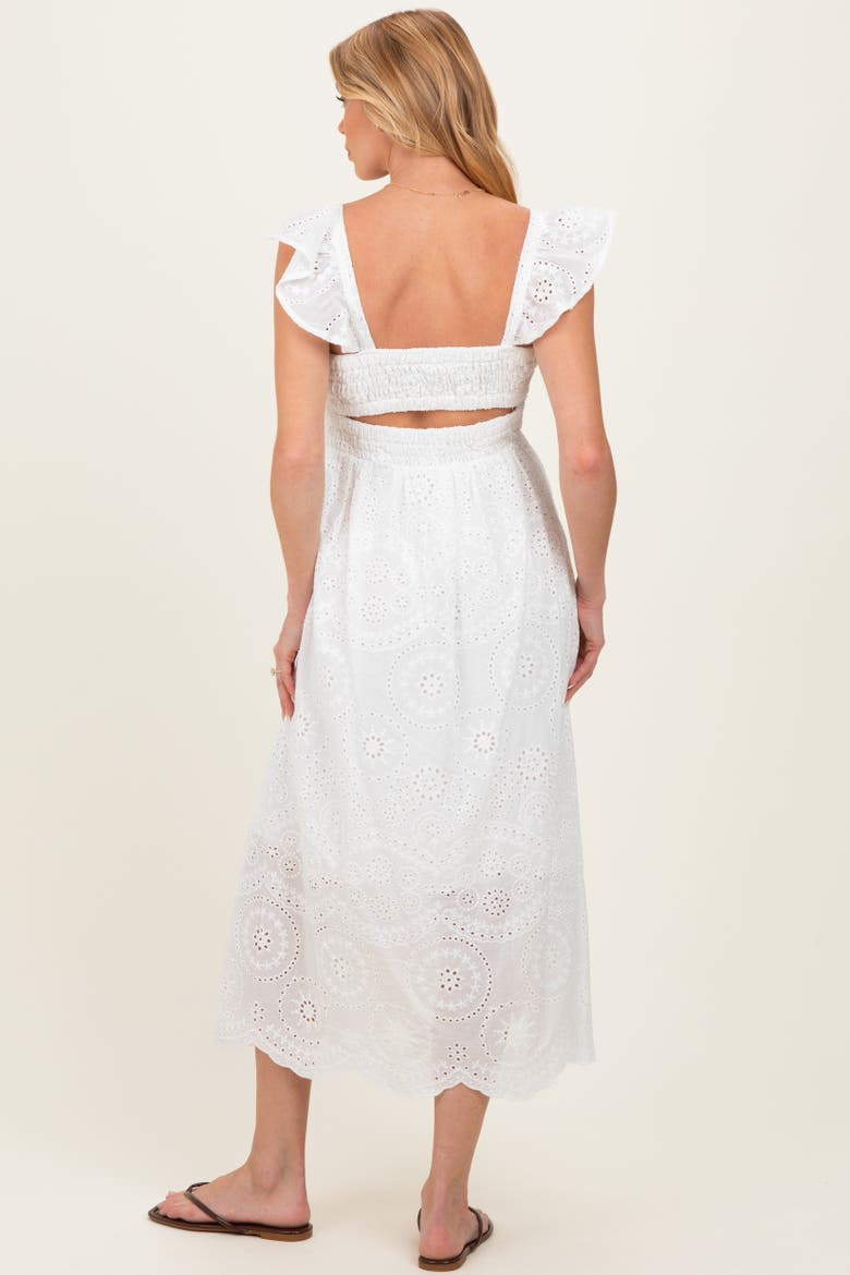 Embroidered Smocked Cutout Midi Dress, Alternate, color, White
