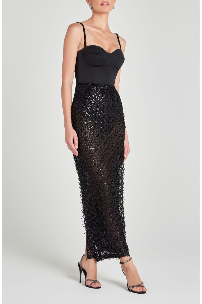 Valentina Mixed Media Beaded Bustier Gown, Alternate, color, BLACK