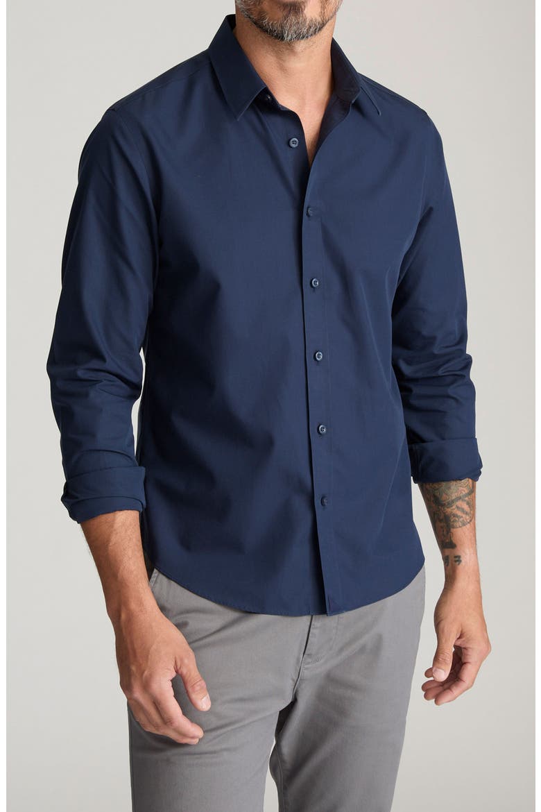 Castello Solid Navy Wrinkle Free Cotton Button-Up Shirt, Main, color, NAVY