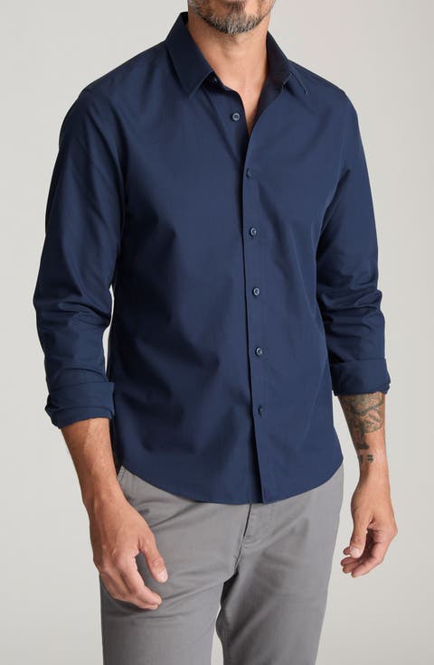 Castello Solid Navy Wrinkle Free Cotton Button-Up Shirt