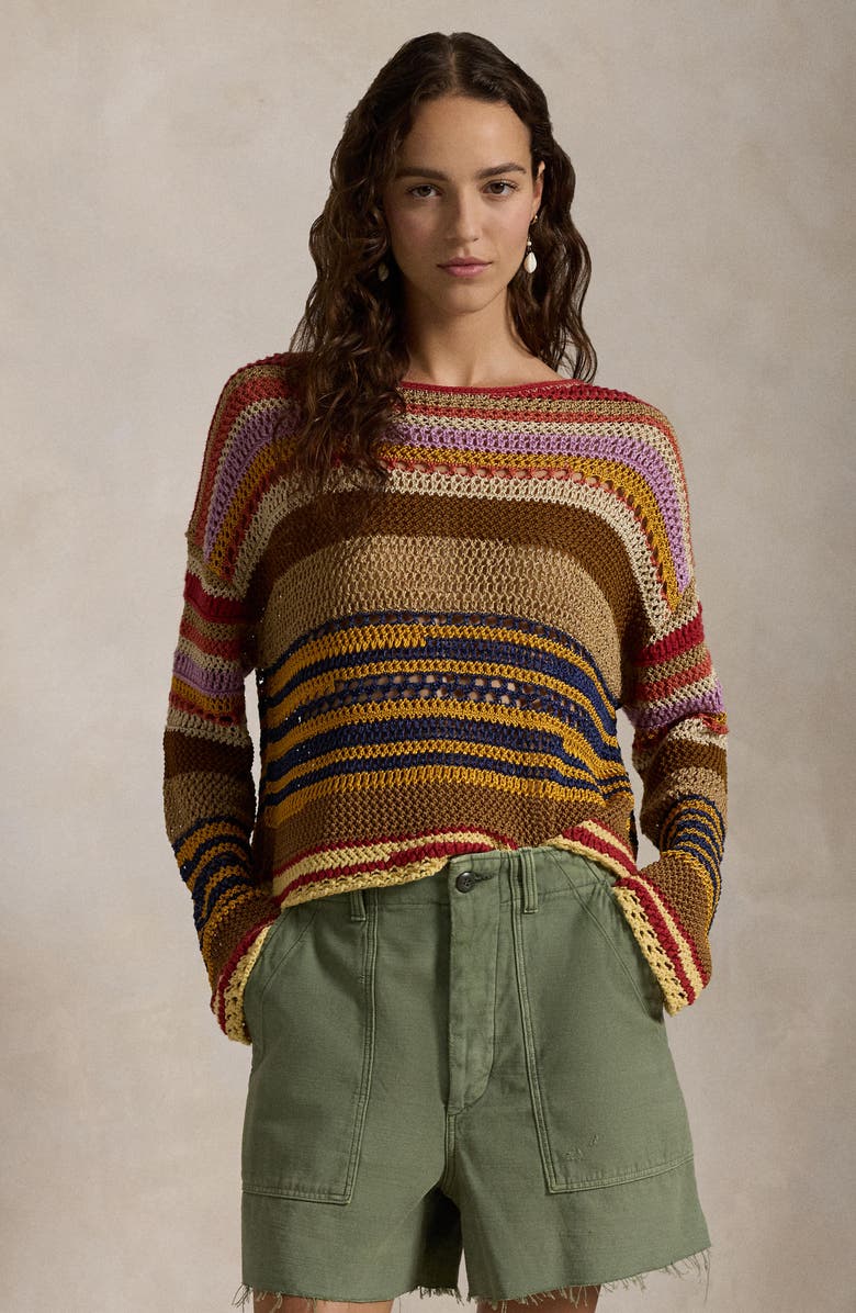 Polo Ralph Lauren Stripe Crochet Linen & Cotton Sweater, Alternate, color,