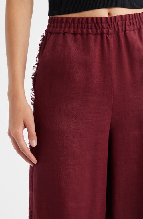 Mango Tarida Frayed Linen Wide Leg Pants In Burgundy