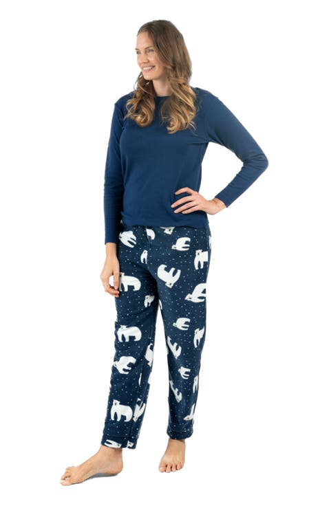 Women's Cotton Top & Fleece Pants Printed Matching Family Holiday Pajama Set (XS-XL)