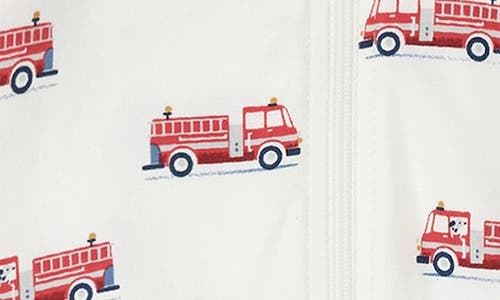 Firsts By Petit Lem Fire Truck Print Footed Stretch Cotton One-piece Pajamas In White