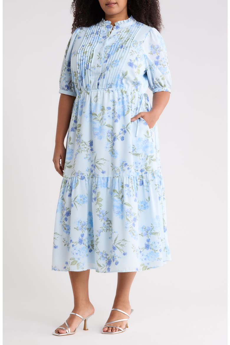 Dusty Floss Floral Pleated Midi Dress, Main, color, LIGHT BLUE MULTI