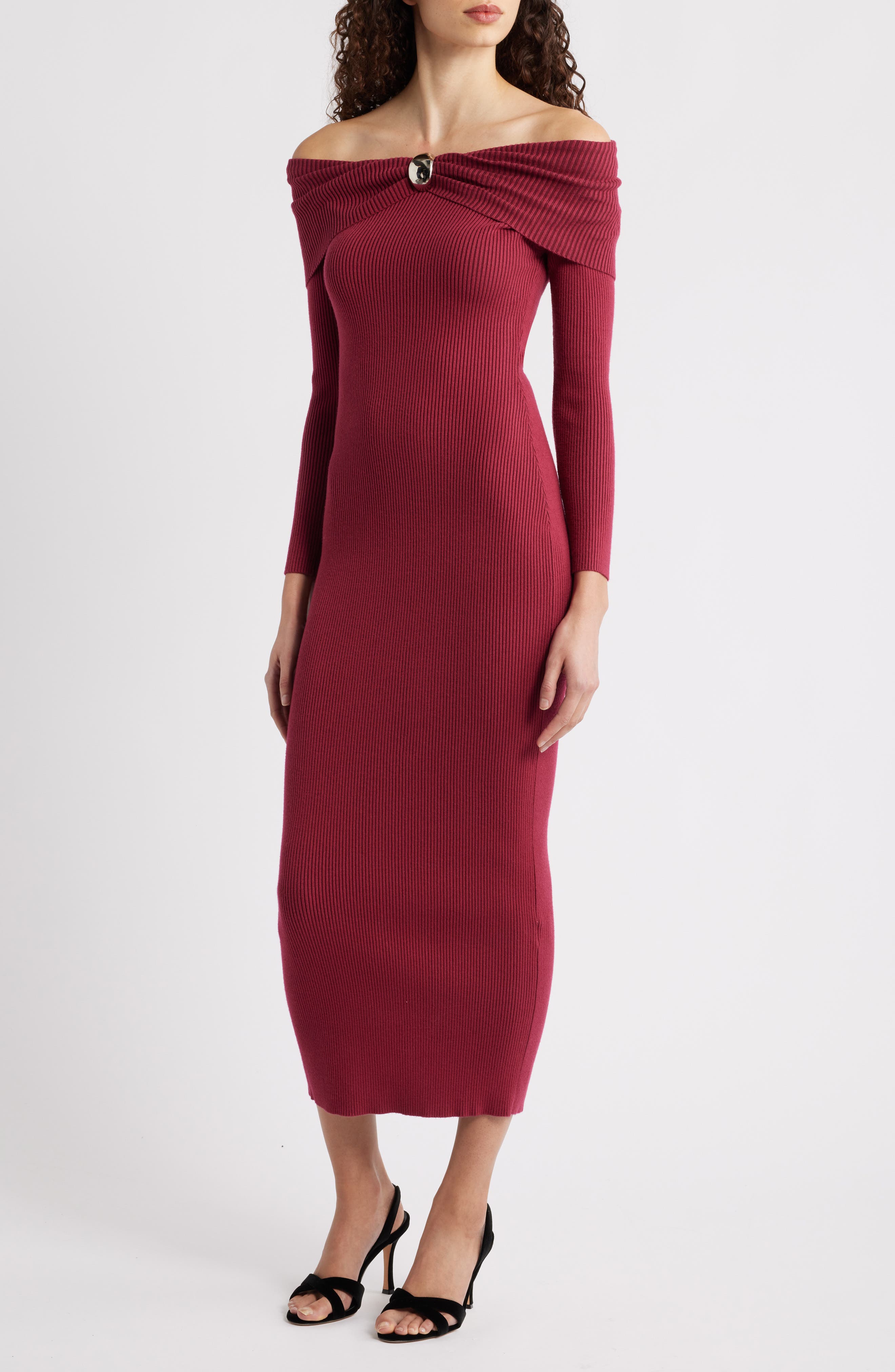 Petal & Pup Lindsey Off the Shoulder Long Sleeve Rib Dress