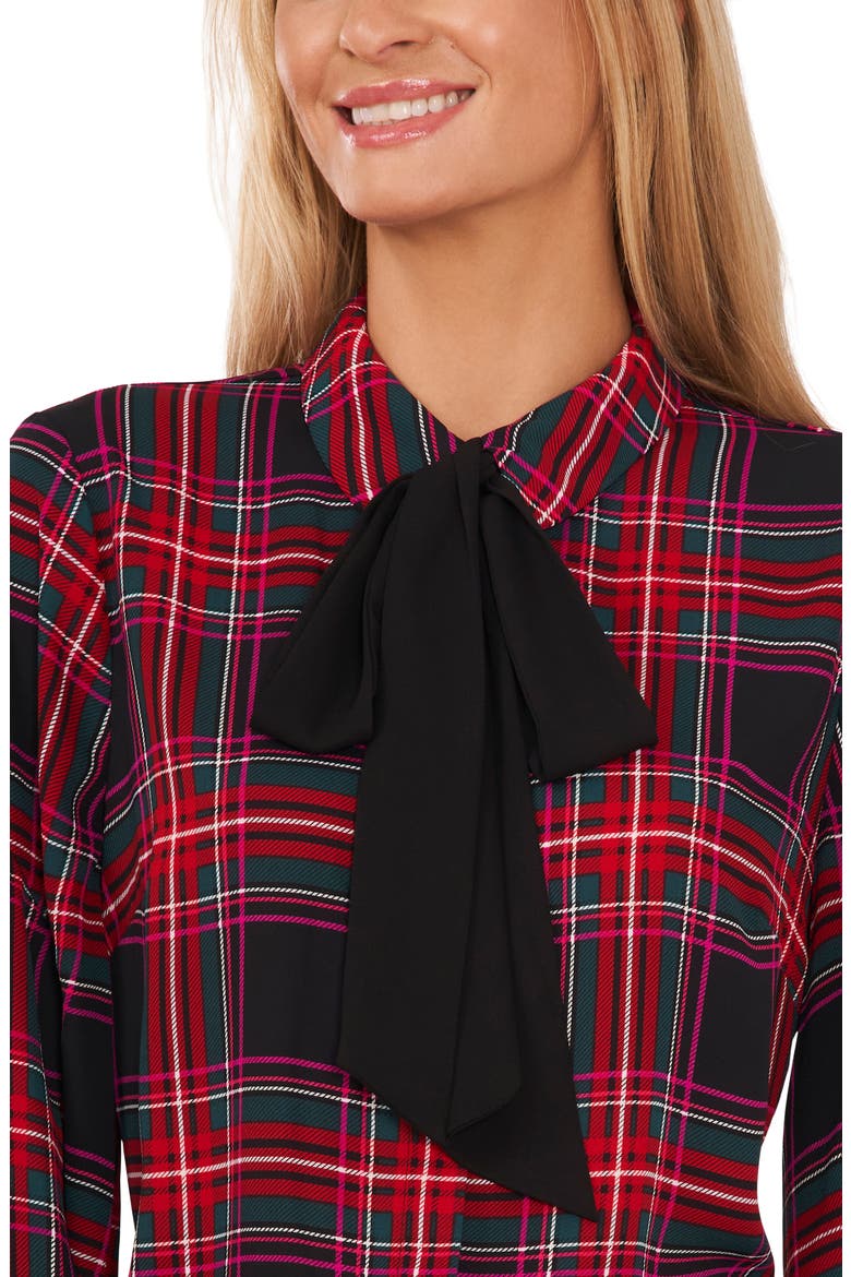 Plaid Pussy Bow Blouse, Alternate, color, RICH BLACK