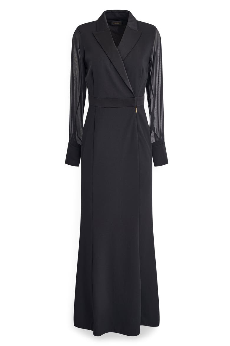 Tuxedo Chiffon Long Sleeve Scuba Crepe Twill Gown, Alternate, color, BLACK