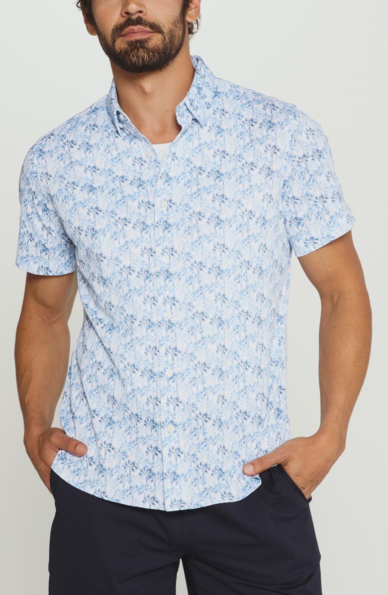 7 Diamonds Palmline Tree Print Short Sleeve Stretch Button-Up Shirt, Main, color,