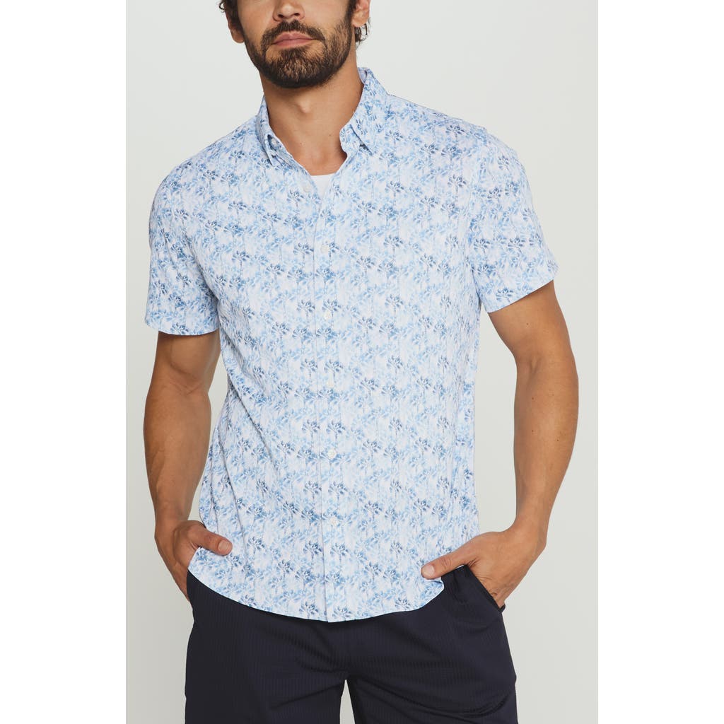 7 Diamonds Palmline Tree Print Short Sleeve Stretch Button-up Shirt In Blue
