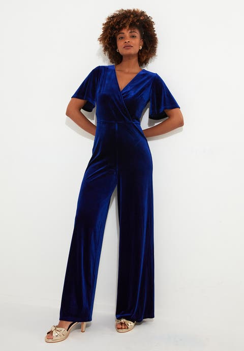 Flutter Sleeve Velvet Jumpsuit (Plus)