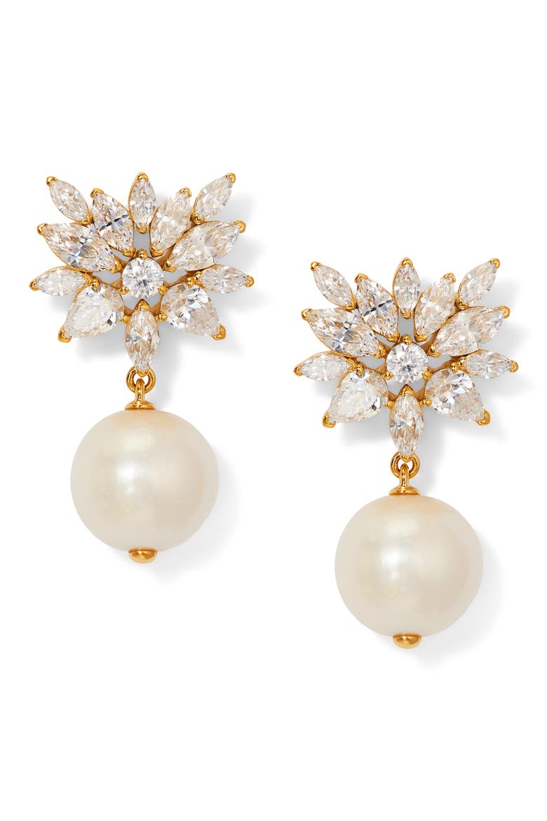 Cubic Zirconia & Pearl Drop Earring, Main, color, GOLD