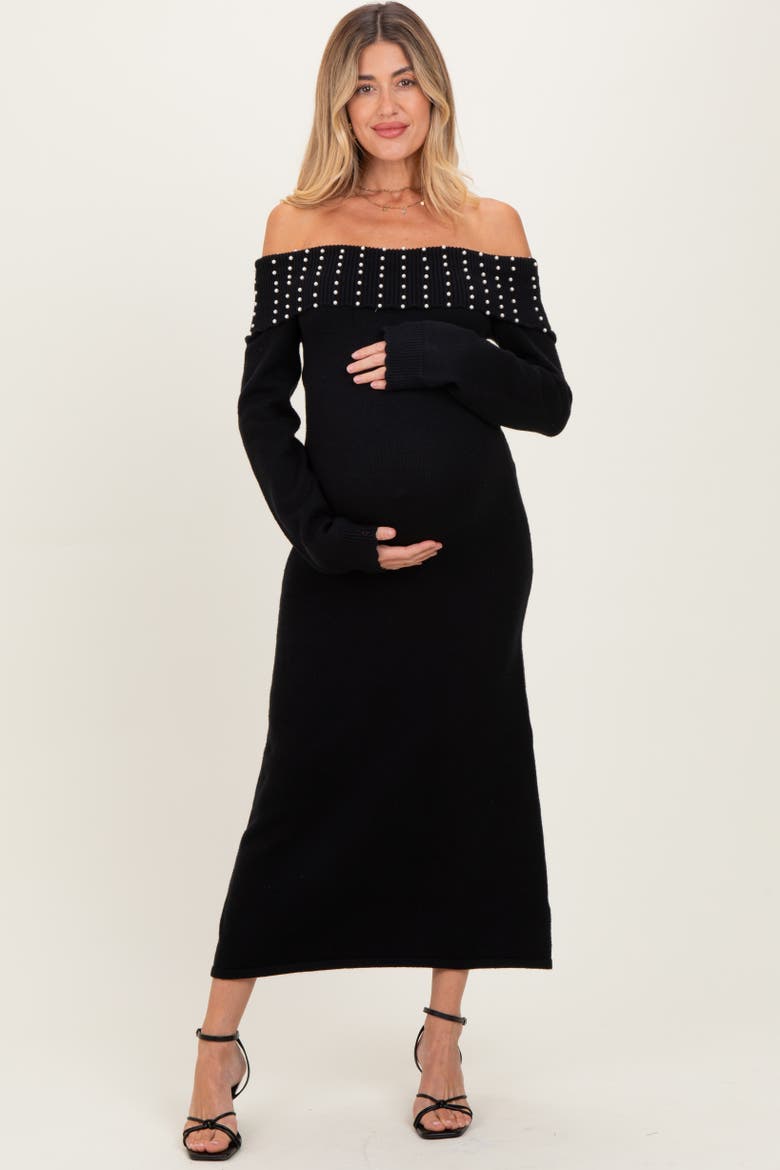 Faux Pearl Detail Off Shoulder Sweater Dress, Main, color, Black