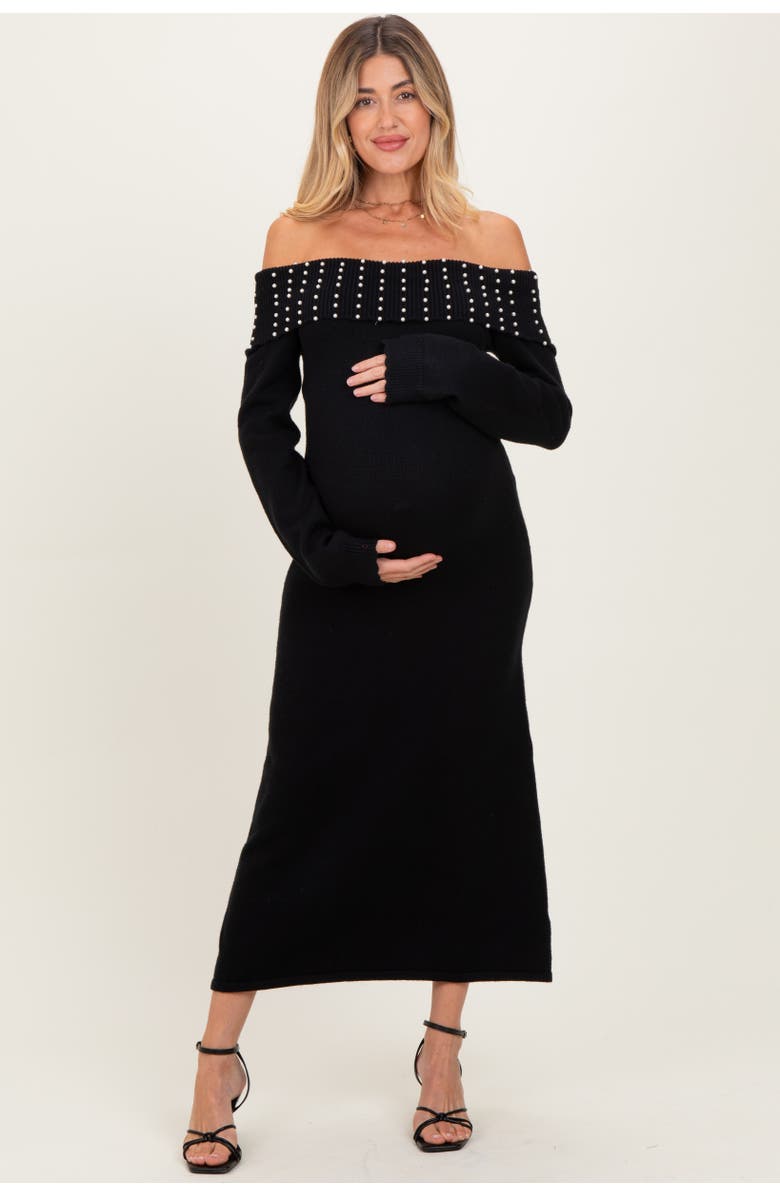 PinkBlush Faux Pearl Detail Off Shoulder Sweater Dress, Main, color, Black