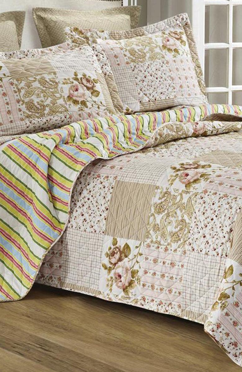 Luxury Home Patchwork Floral Print Microfiber Quilt Set, Main, color, Sonja
