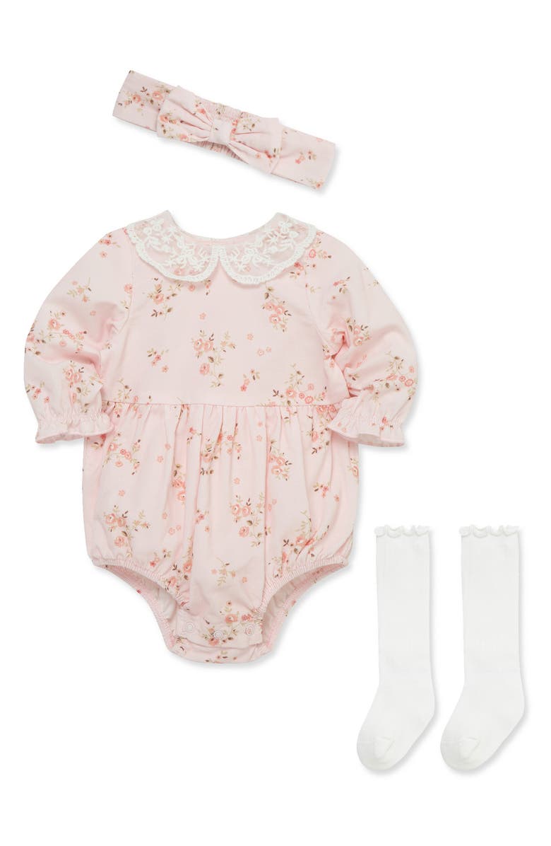 Little Me Rose Vine Bubble Bodysuit, Headband & Socks Set, Alternate, color, Pink Floral
