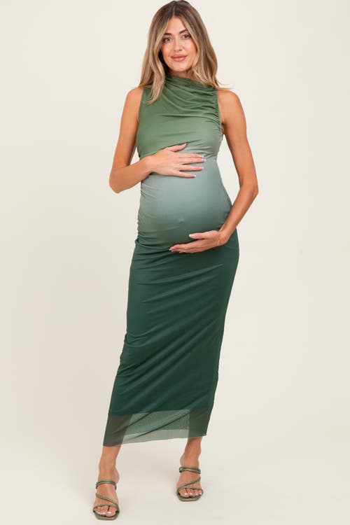 Pinkblush Ombre Mesh Ruched Sleeveless Midi Dress In Green