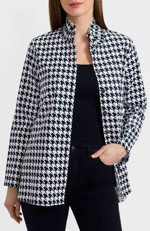 Carolina Houndstooth Print Cotton Button-Up Shirt