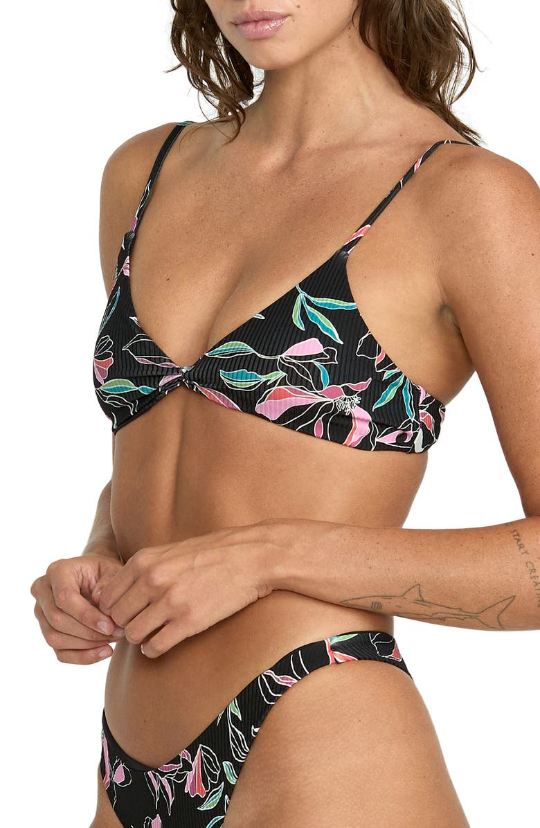 Volcom Dream In Bloom Twist Rib Bikini Top, Alternate, color, Black Multi