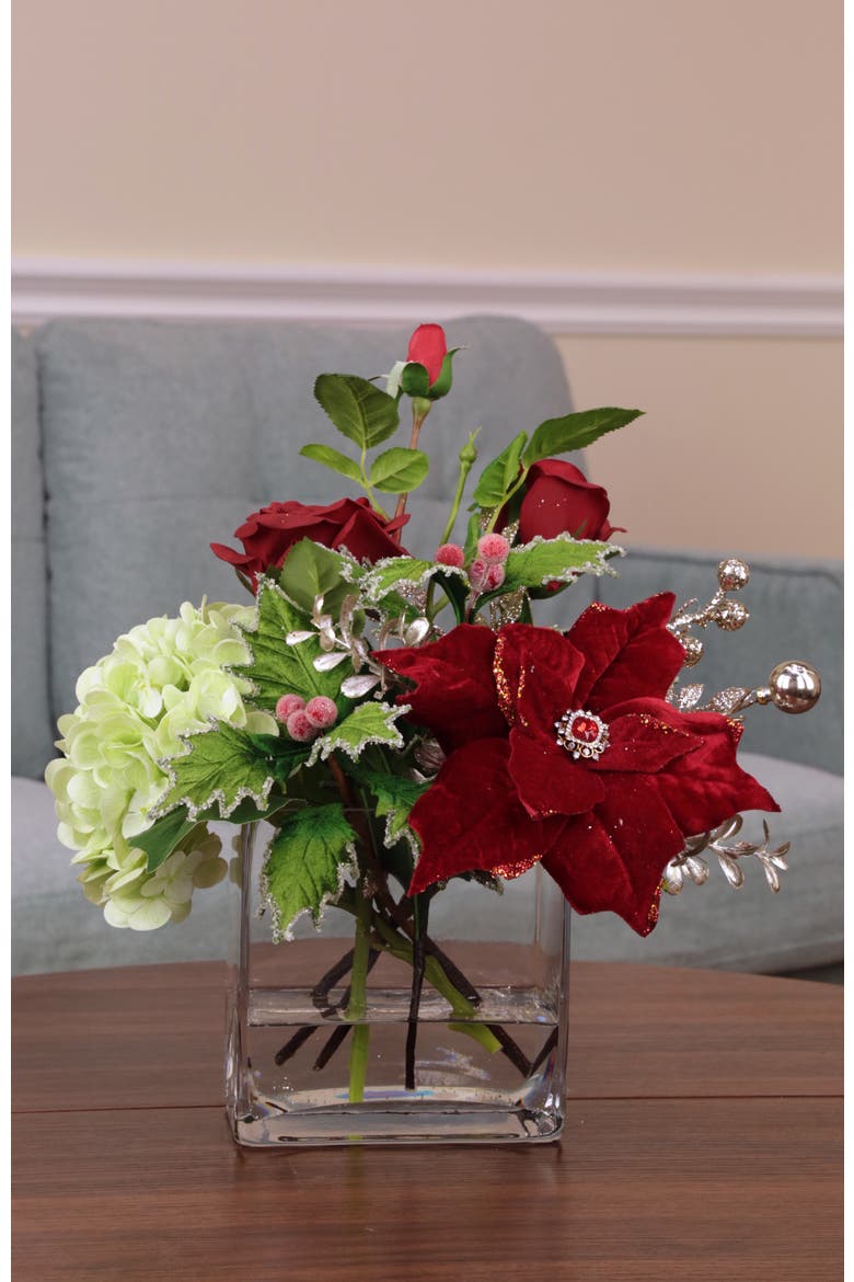 Rose Hydrangea Poinsettia Vase, Alternate, color, Deep Red