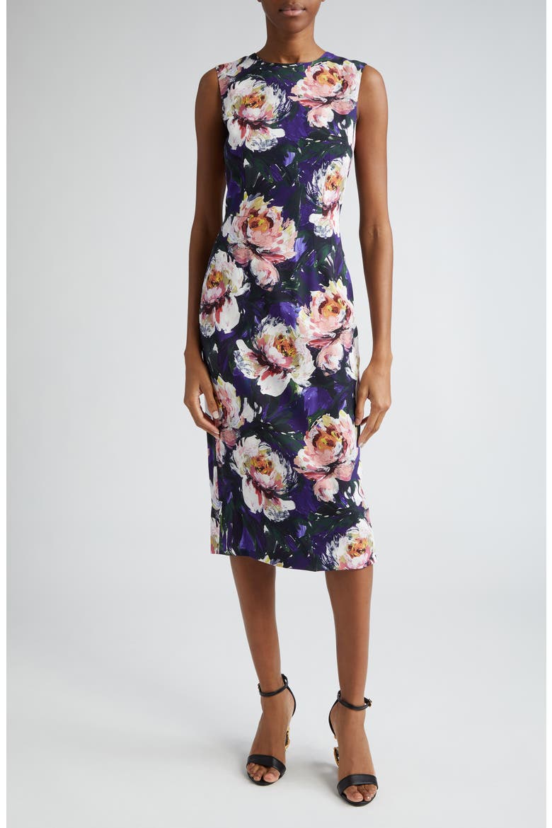 Peony Print Stretch Cady Sheath Dress, Main, color, HP4YCPEONIE PITT.F.VIOLA