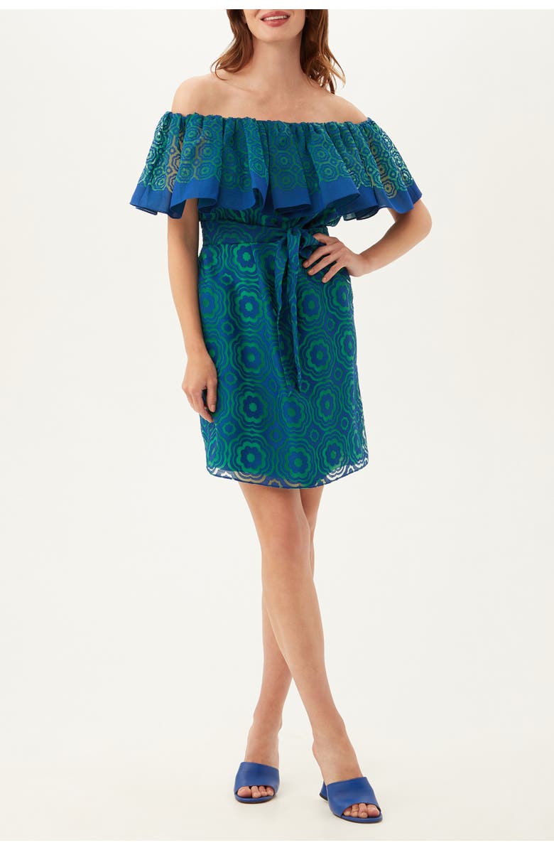 Trina Turk Flowery 2 Off the Shoulder Burnout Dress, Alternate, color, Majorelle Blue/Zelliege Green