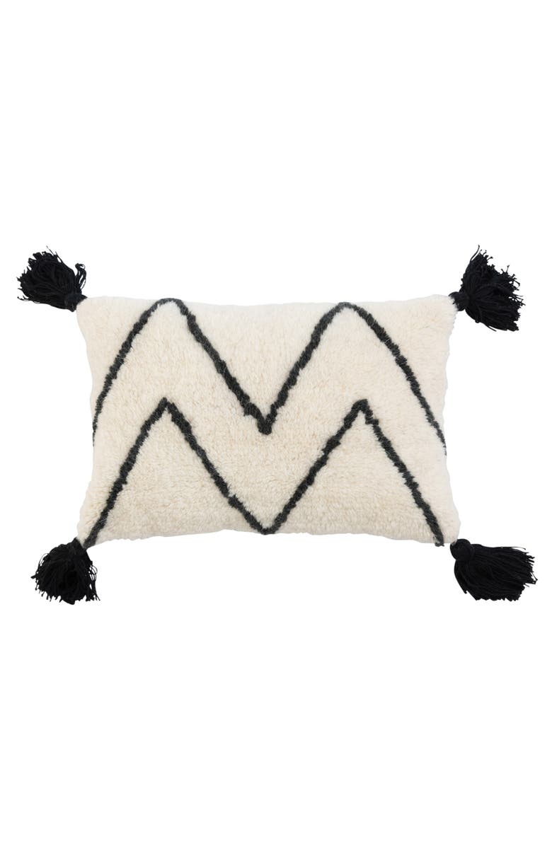 Storied Home Bloomingville Wool Blend Tufted Lumbar Pillow with Chevron and Tassels, Black and White, Main, color, Cream