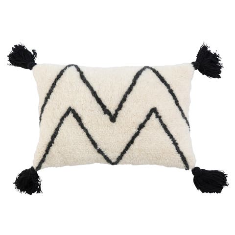 Bloomingville Wool Blend Tufted Lumbar Pillow with Chevron and Tassels, Black and White