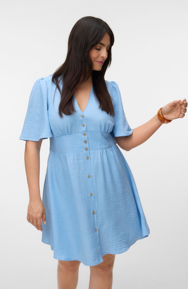 VERO MODA Short Sleeve Button Front Chambray Dress, Alternate, color, Chambray Blue Melange