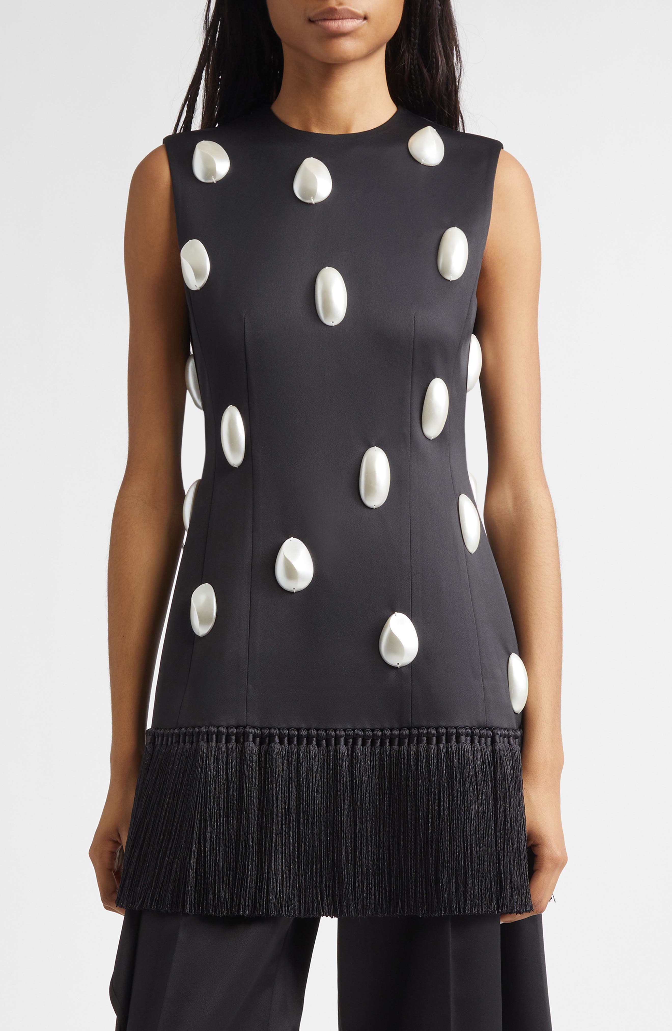 Eenk Embellished Fringe Hem Satin Top In Black