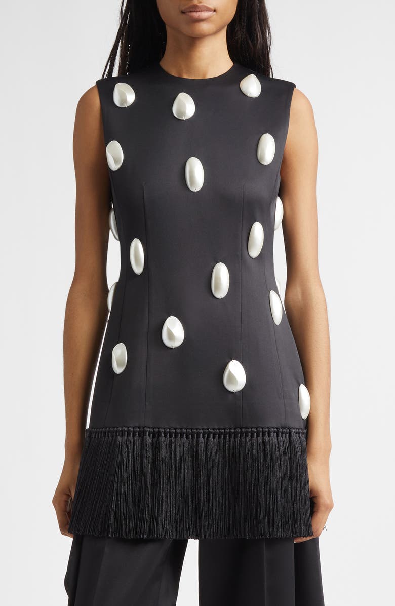 EENK Embellished Fringe Hem Satin Top, Main, color, Black Polyester