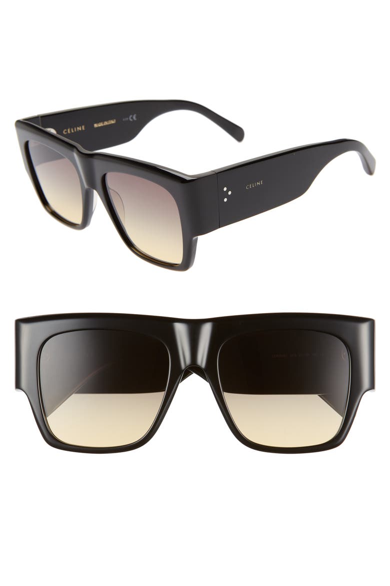56mm Gradient Flat Top Sunglasses, Main, color, SHINY BLCK/YELL GREY GRAD