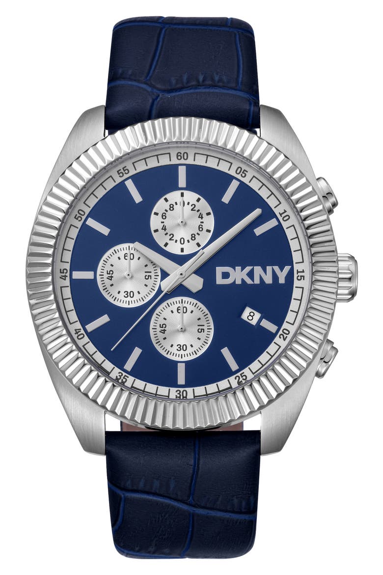 Chronograph Leather Strap Watch, 42mm, Main, color, DARK BLUE